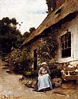 Woman Sewing In Front Of Her Cottage by Claude Joseph Bail